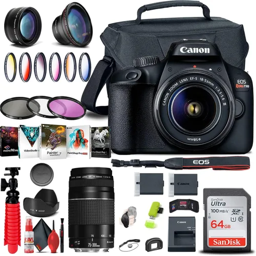 Canon Cámara DSLR EOS Rebel T100 / 4000D con lente de 0.709-2.165 in + lente Canon EF de 2.953-11.811 in + tarjeta de memoria de 64 GB + kit de