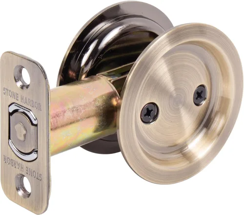 Miniatura 2 de Cerradura de puerta de bolsillo redondo, pasaje (pasillo/armario) pestillo, 2.7 in fondo, RCL, latón antiguo por Stone Harbor Hardware