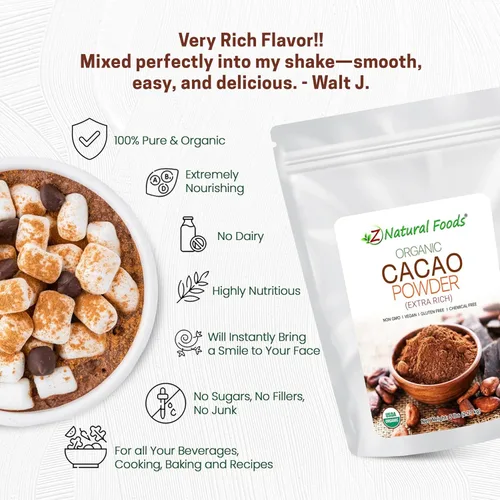 Miniatura 4 de Z Natural Foods Cacao orgánico en polvo, lleno de nutrición, sabor a chocolate negro extra rico, perfecto para recetas de chocolate, batidos