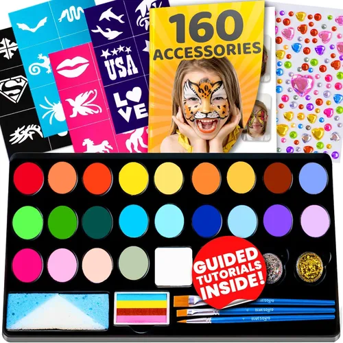 Kit de pintura facial de 28 colores para niños, kit de pintura facial de Blue Squid con 160 plantillas de accesorios, activadas por agua, no