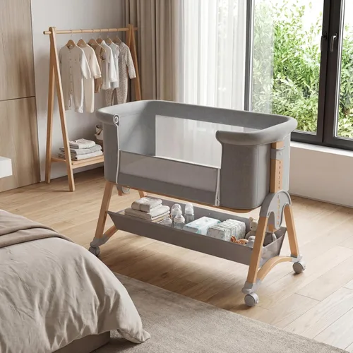 Miniatura 4 de Cuna de bebé 5 en 1, cuna de noche ajustable de 6 alturas para bebé, cuna mecedora con cómodo colchón y ruedas bloqueables, cesta de almacenamiento