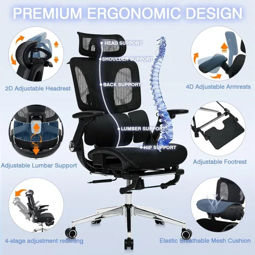 Miniatura 5 de Silla de oficina ergonómica de malla con reposapiés, silla de escritorio de respaldo alto con reposabrazos 4D, soporte lumbar dinámico de 3 zonas