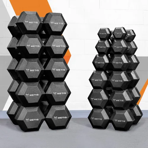 Miniatura 8 de METIS Mancuernas hexagonales [par] Pesas libres con revestimiento de goma premium para entrenamientos en casa y gimnasio Juego completo