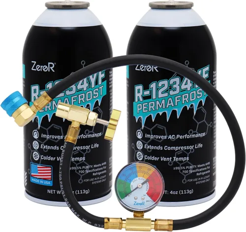 ZeroR® Permafrost para sistemas de CA R1234YF | Potenciador de rendimiento | 2 latas + medidor de grifo HD de 24 pulgadas