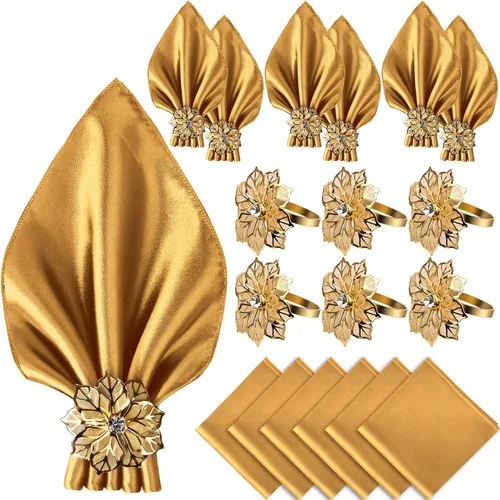 Miniatura 10 de VIJIV Juego de 12 servilletas de tela y juego de 6 anillos para servilletas dorados, 17x17 servilletas de cena de satén cuadradas con flores