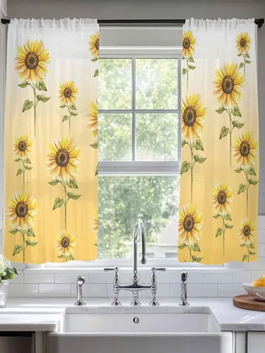Miniatura 3 de Juego de 2 paneles de cortinas de girasol de 63 pulgadas de largo, cortinas traslúcidas amarillas con bolsillo para barra, cortinas de cocina
