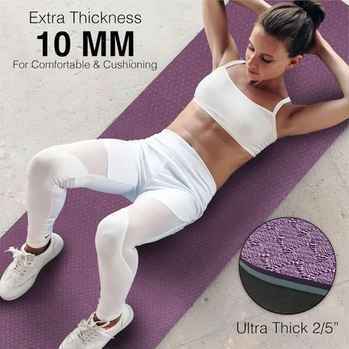 Miniatura 5 de Tapete de yoga para ejercicios extra grueso con correa - 2/5 pulgadas (10 mm), tapete antideslizante para entrenamiento de yoga, pilates y Morado