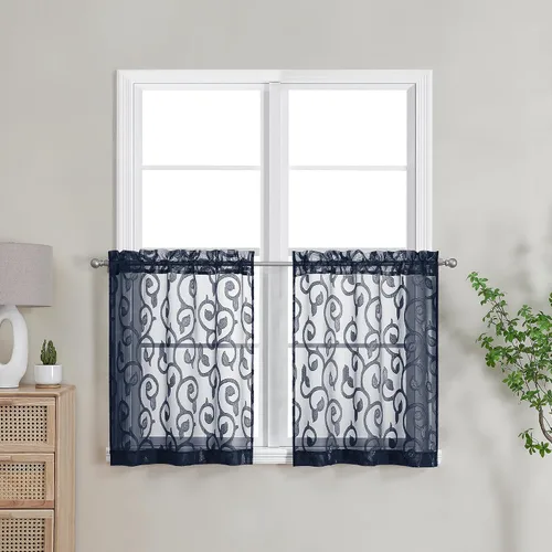 Miniatura 84 de OWENIE Furman - Juego de 2 paneles de cortinas traslúcidas negras de 24 pulgadas de largo, cortinas semitransparentes de jacquard ligeras y aireadas