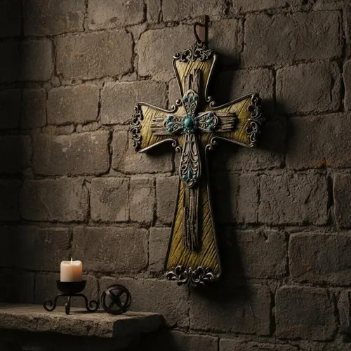 Miniatura 4 de Comfy Hour Cruz de pared decorativa de diamante azul de 12 pulgadas, rollo victoriano adornado con detalles turquesa, placa religiosa de madera