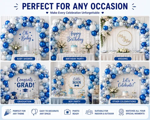 Miniatura 6 de Kit de guirnalda de globos azules y blancos plateados, 60 globos de látex de confeti azul cromado, blanco y plateado de 12 pulgadas para baby