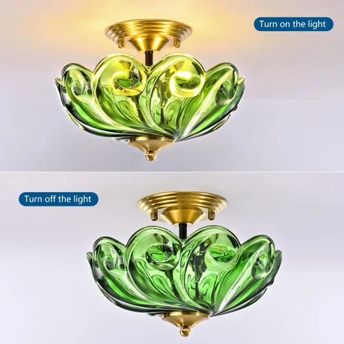 Miniatura 6 de Lámpara de techo moderna semiempotrada, 3 luces doradas para cerca del techo con pantalla de vidrio verde para sala de estar, entrada, dormitorio