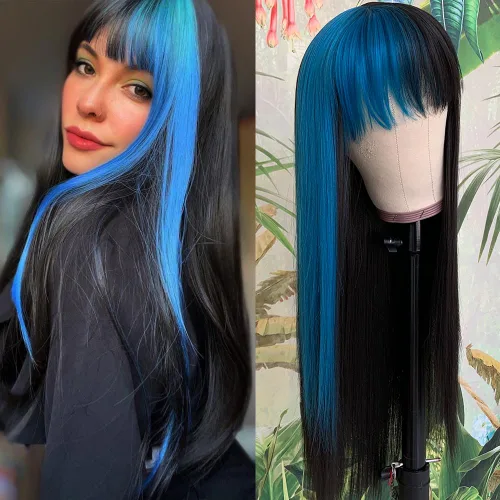 Miniatura 22 de QD-Tizer Pelucas sintéticas de color rubio ceniza con flequillo, pelucas de cabello largo y lacio, sin pegamento, pelucas sintéticas sin encaje