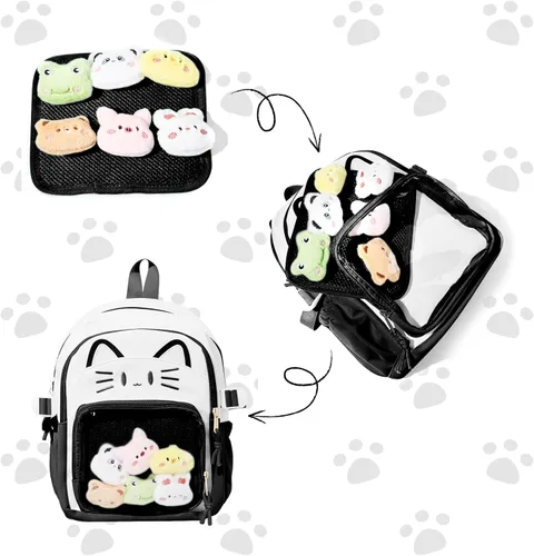 Miniatura 7 de Bolsa Kawaii Cat Ita, bolso con pines, bolsa con inserto, para uso diario y cosplay, nailon, Negro-blanco, Pequeño, Kawaii