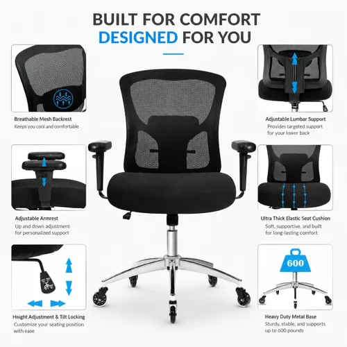 Miniatura 7 de Silla de oficina grande y alta de 600 libras, silla de malla ergonómica resistente, silla de escritorio ejecutiva para computadora con asiento ancho