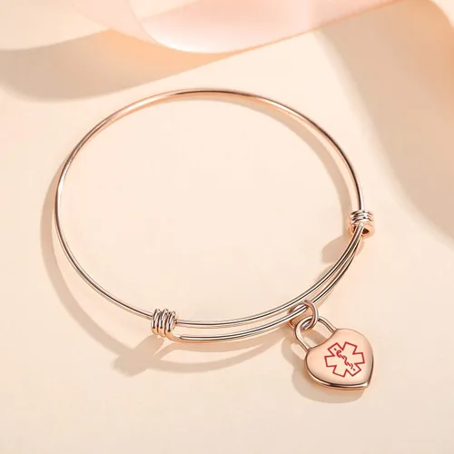 Miniatura 3 de LinnaLove Pulseras de alerta médica para mujer, ajustable, de acero inoxidable, con dije de corazón, grabado gratuito