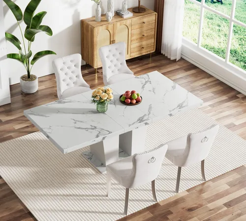 Miniatura 95 de Juego de mesa de comedor extensible marrón de 63 a 78.74 pulgadas para 4, juego de mesa de comedor de 5 piezas con 4 sillas, mesa de cocina
