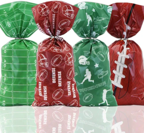 Miniatura 8 de 100 bolsas de golosinas de fútbol, bolsas de golosinas de fútbol, bolsas transparentes para violonchelo con lazos giratorios plateados, suministros