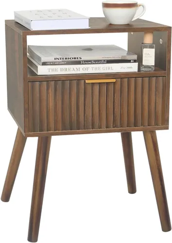 Fultyle Mesita de noche de nogal, mesa de noche de madera con cajones acanalados y estante abierto, mesita de noche de madera para dormitorio,