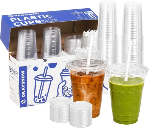 Paquete de 50 vasos transparentes de 24 onzas con tapas, vasos de plástico desechables para fiestas, tazas grandes de café helado con tapas, tazas