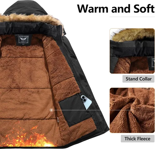 Miniatura 3 de Men's Winter Thicken Coat Warm Faux Fur Lined Padded Puffer Parka Jacket with Removable Hood