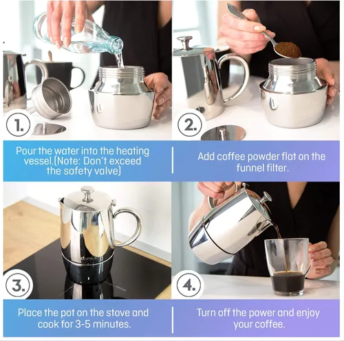Miniatura 5 de VeoHome Cafetera espresso para estufa - l olla de inducción de acero inoxidable con múltiples estufas (10.1 fl oz)