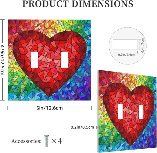 Miniatura 5 de Placa de Pared con Cubierta de Interruptor Artístico de Doble Pulsador con Patrón Abstracto de Corazón Arcoíris Romántico de Amor, Placa de Pared