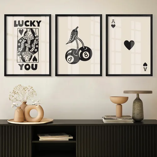 Heiple Juego de 3 carteles enmarcados de póquer para pared, diseño retro de moda, decoración de pared para reina de corazones, arte de pared Negro