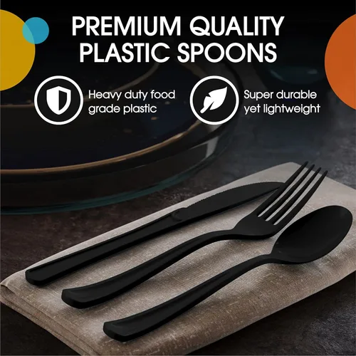 Miniatura 4 de Party Solids - Cucharas de plástico negro, 200 piezas, cucharas negras, utensilios desechables, juego de cubiertos de plástico resistente