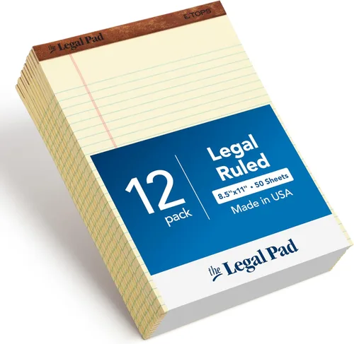 TOPS Bloc de notas legales de 8.5 x 11.75 pulgadas, paquete de 12, la marca de bloc legal, rayas anchas, papel amarillo, 50 hojas por bloc de