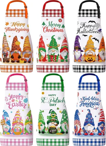 Miniatura 11 de Bencailor 6 delantales de cocina de verano con bolsillos, diseño de flores, gallo, abeja, mariposa, girasol, primavera, a granel para mujeres
