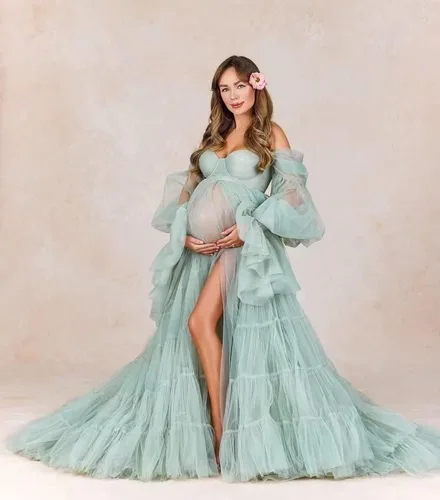 Miniatura 8 de Vestidos de maternidad de tul para sesión de fotos, batas de hombro descubierto, manga larga, lencería nupcial, vestido de baby shower, vestidos