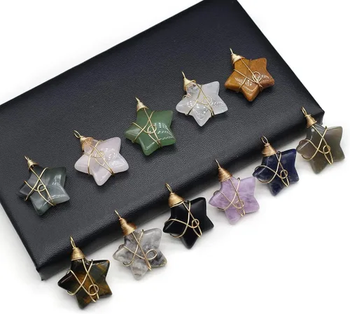 Miniatura 5 de QSLLER 5 piezas de piedra natural colgante de estrella hecho a mano de cobre enrollado amatista ágata ojo de tigre curativo piedra de cristal