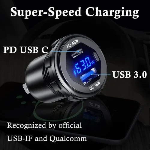 Miniatura 6 de PD - Cargador rápido USB C de 45 W de 18 W, enchufe de cargador USB 3.0 impermeable con interruptor, voltímetro LED y fusible de cable, kit