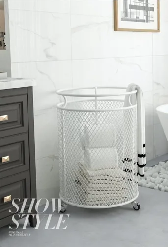 Miniatura 6 de Cesta de lavandería con ruedas, cesta de metal para organizador de habitaciones, contenedores de almacenamiento de ropa sucia de malla redonda
