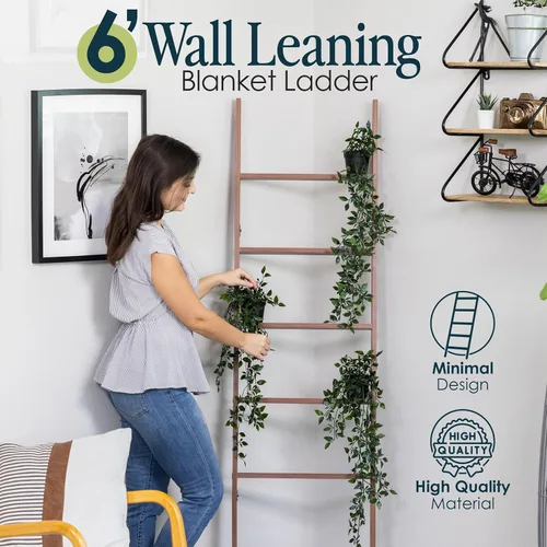 Miniatura 5 de Escalera para Mantas para Sala de Estar y Dormitorio, 5 pies 8 pulgadas, 6 Niveles de Construcción Laminada Sin Enganches que se Apoya en la Pared