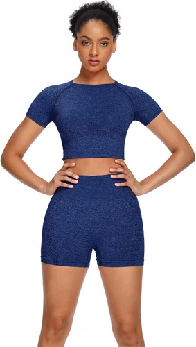 Miniatura 5 de Sytiz Conjunto de 2 piezas de yoga sin costuras para mujer, pantalones cortos de gimnasio y camiseta corta de manga corta