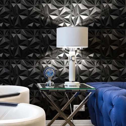 Miniatura 6 de STICKGOO Paquete de 12 Paneles de Pared 3D para Decoración de Pared Interior, Paneles de Pared de Acento con Diseño de Diamante Negro, 19.7''x19.7