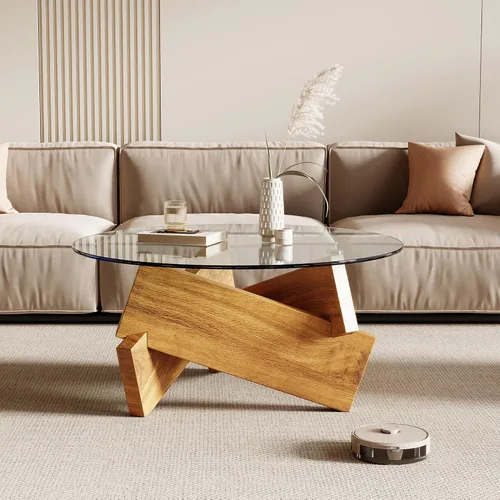 Miniatura 3 de Honyee Mesa de café redonda moderna, 78 cm x 78 cm x 41 cm con tapa de cristal templado para sala de estar, Color: Madera natural