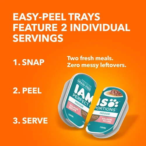 Miniatura 12 de IAMS Perfect Portions - Paquete variado de alimento húmedo para gatos adultos de interior, cortes en salsa, recetas de salmón y atún, 2.6 oz.