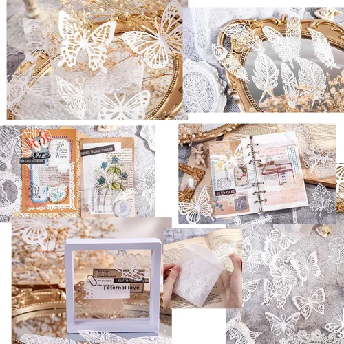 Miniatura 7 de 40 piezas de suministros para álbumes de recortes, papel de encaje, hojas de mariposa, serie de plumas, suministros de diario, papel decorativo