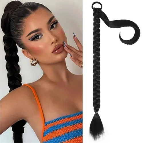 Miniatura 8 de Extensiones de cola de caballo trenzada de 20 pulgadas de largo para mujer, extensiones de cabello lacio envolvente con banda para el cabello, cola