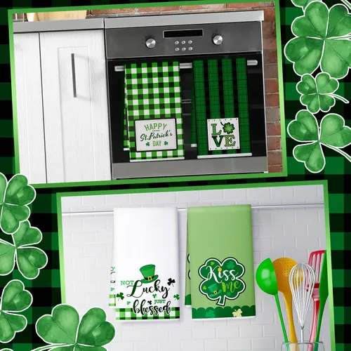 Miniatura 2 de Honoson 4 paños de cocina para el día de San Patricio, decoración de granja, tréboles de la suerte, gnomos, paños de cocina a cuadros, absorbentes