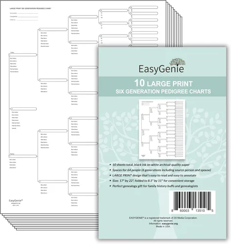 EASYGENIE 10 GRANDE PRINT Gráficos de Pedigrí de seis generaciones para ascendencia | Formularios de genealogía de calidad de archivo