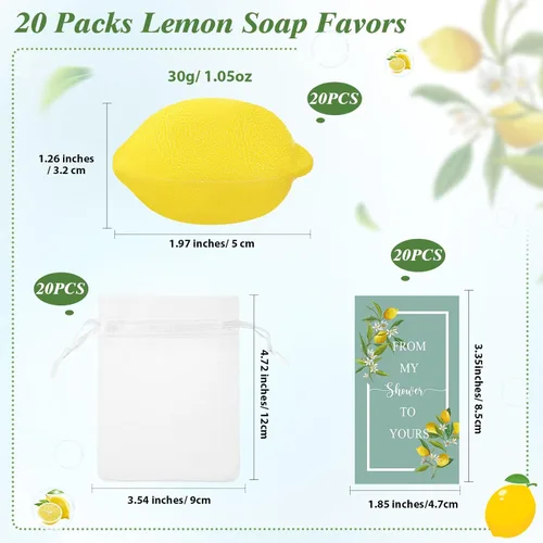 Miniatura 2 de Lounsweer Juego de 20 jabones de limón para boda, regalos de jabón natural en forma de limón de My Shower to Yours, tarjetas de organza blanca