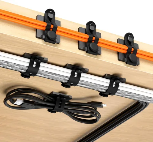 Viaky Kit de organización de cables, paquete de 10 clips adhesivos para cables con 5 correas de silicona ajustables, 10 bridas y 10 tornillos,