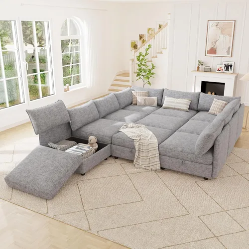 Miniatura 9 de 95.5" Sofá seccional modular de chenilla con almacenamiento oculto, sofá cama convertible en forma de L y U, sofá seccional moderno de 6 plazas