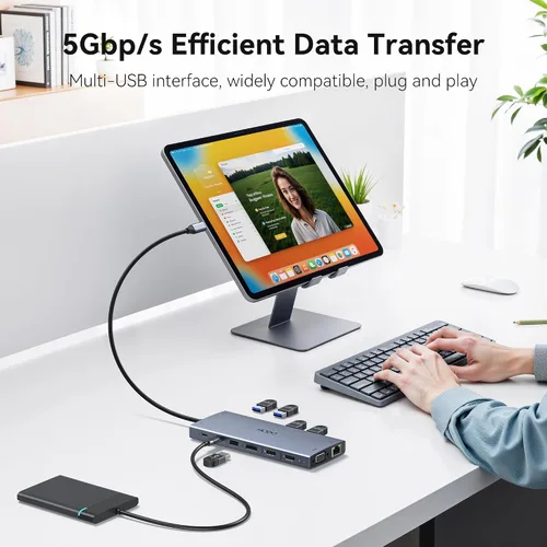 Miniatura 7 de Estación de acoplamiento USB C con monitor dual para Dell HP, estación de acoplamiento para portátil con 3 monitores, Hub USB C de 15 en 1 con Dock