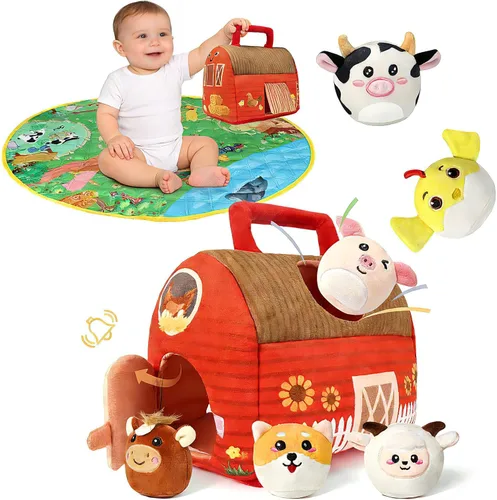 Juguetes de animales de granja para niños pequeños de 1, 2, 3, 4, 5 años, juego de casa de granja de felpa con granero, 6 animales de granja suaves