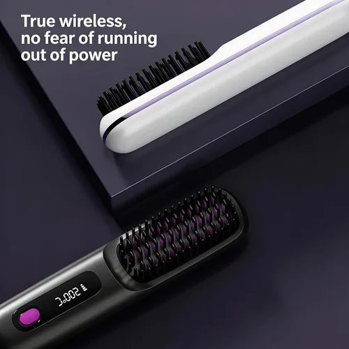 Miniatura 7 de Peine alisador de pelo inalámbrico, alisador y rizador de pelo de cerámica iónica portátil con pantalla LCD, plancha plana inalámbrica de 3 niveles