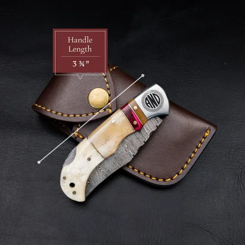 Miniatura 3 de Cuchillo de bolsillo de hueso de camello de acero damascus para hombres, regalos plegables de cuchillo de hoja para él, cuchillos hechos a mano